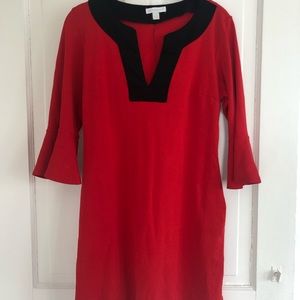 3/$36 Red Bell Sleeve Dress with Black V Neck